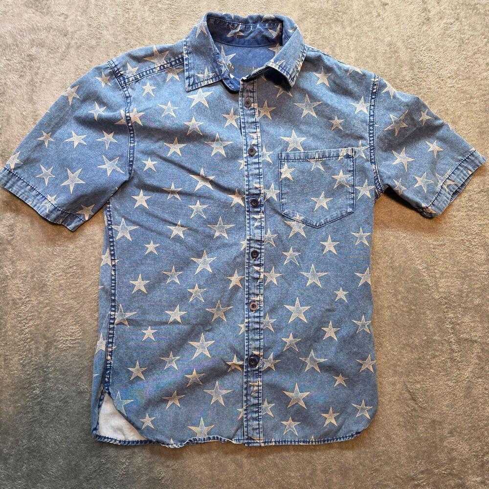 Mossimo Supply Co. Button Up Shirt Kids S Blue Star Print Chambray Cotton Casual